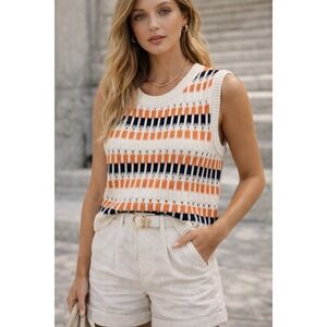 Stitches + Stripes Cotton Pointelle Geometric Sweater Vest White Orange Navy M